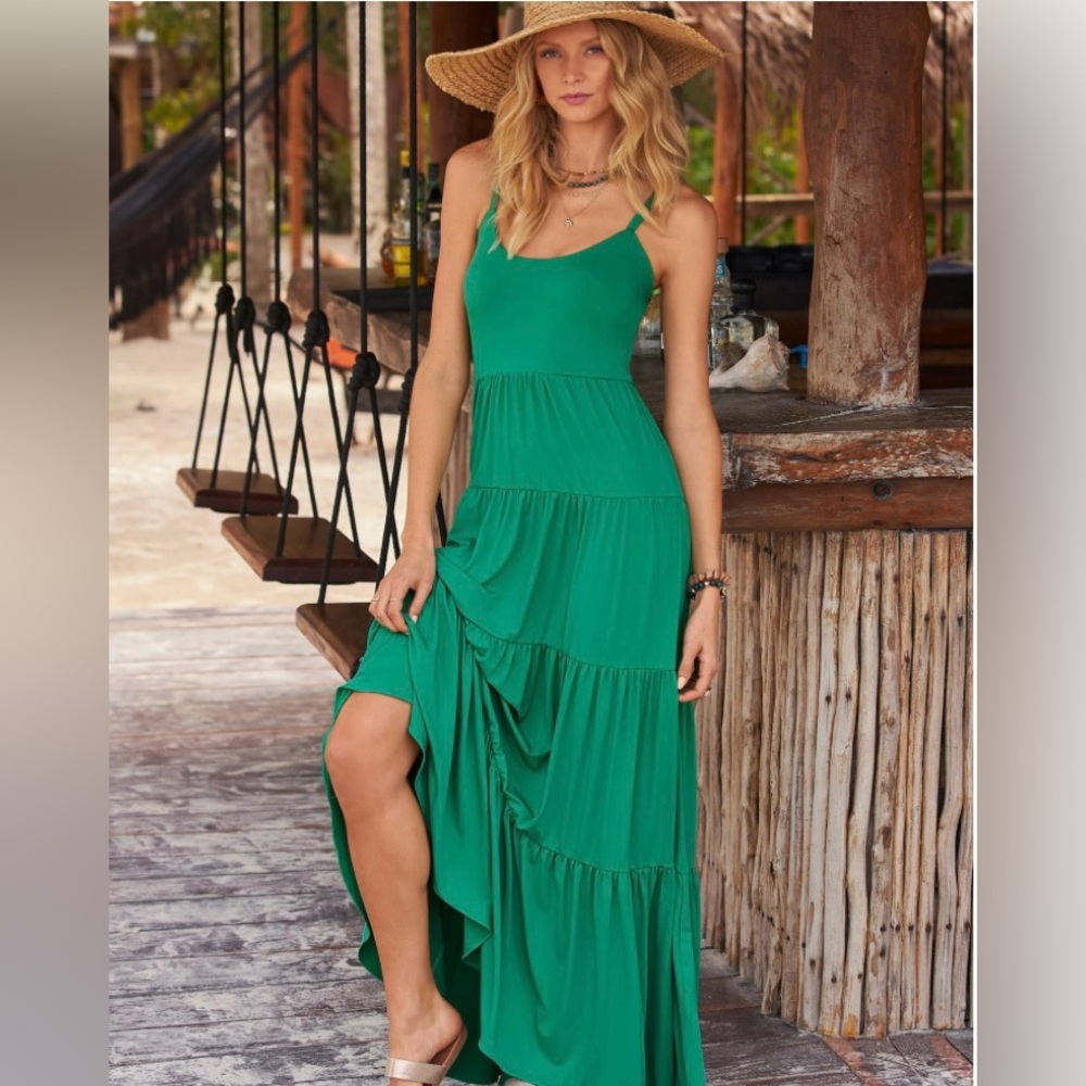 Boston Proper GREEN knit tiered maxi dress